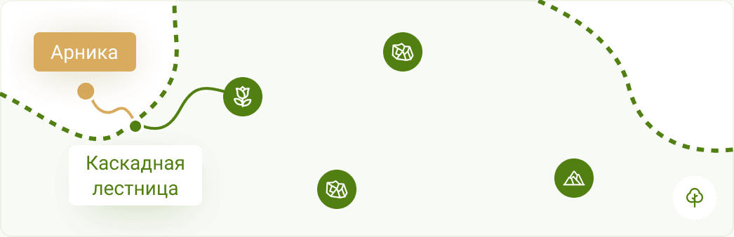 Карта с маршрутом от санатория "Арника" к популярной достопримечательности "Каскадная лестница" - всего в нескольких минутах ходьбы.